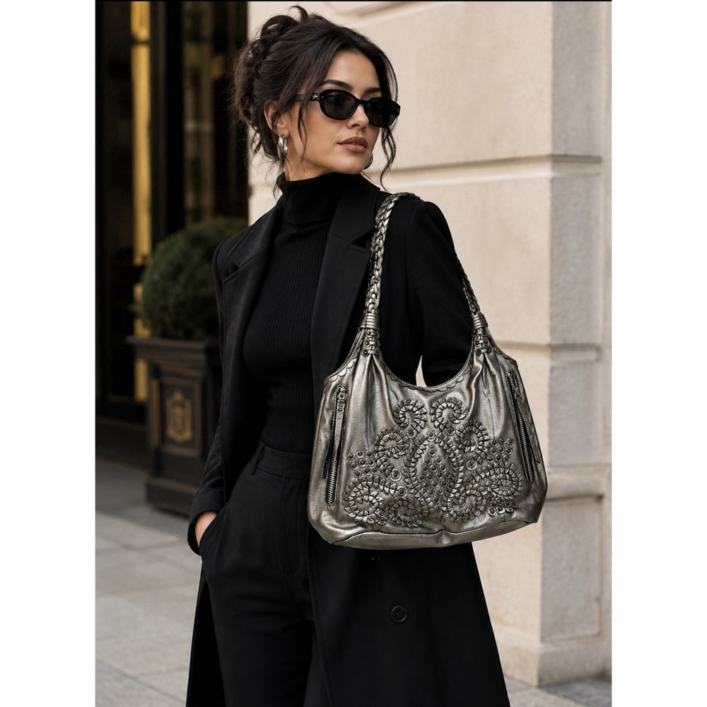 Brighton Lockheart Pinwheel Metallic Slate Gray 3D Appliqué Shoulder Handbag